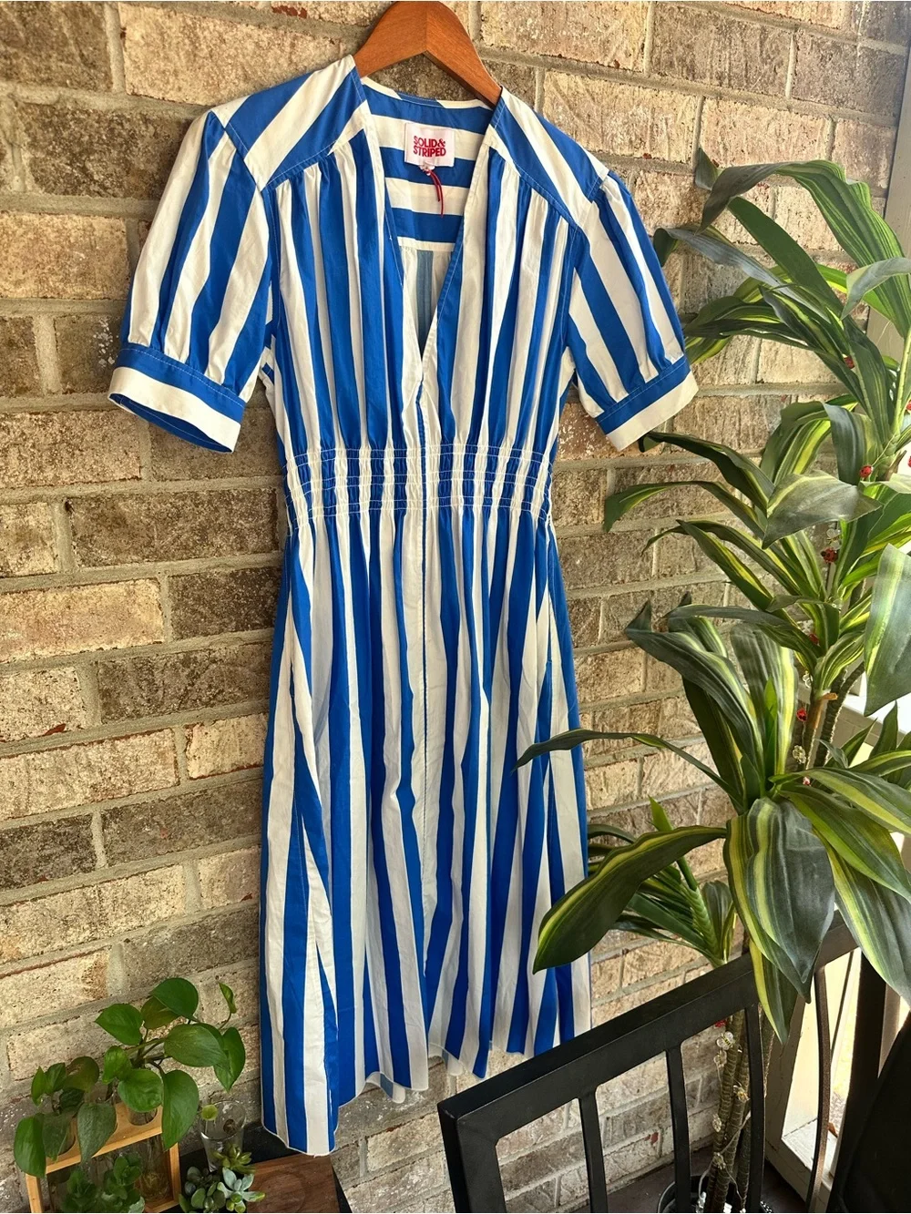 SOLID & STRIPED Blue & White Striped Midi Delilah v neck Cotton Dress w/pockets - Picture 1 of 10